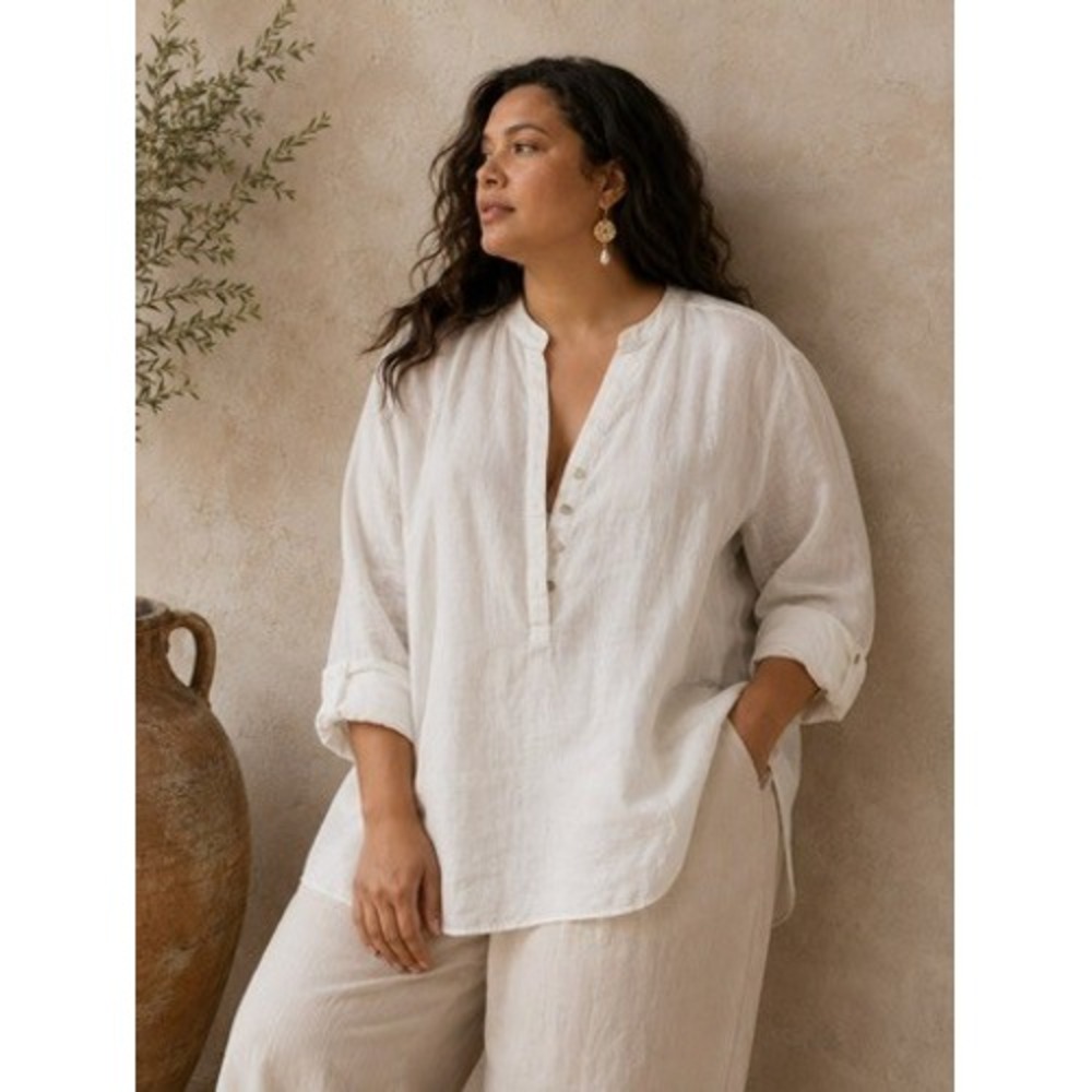 Chico's White Linen Henley Tunic Blouse Size 4 US 20 Banded Collar 3/4 Sleeve